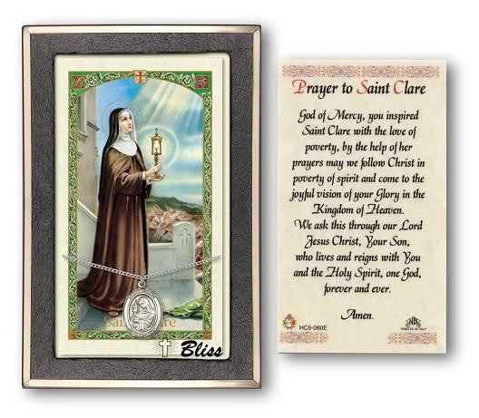 St Clare of Assisi Medal With Prayer Card - Sterling Silver 3/4 x 1/2 Oval Pendant PC8028SS