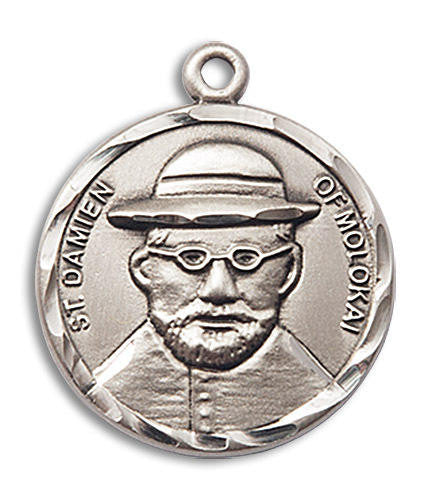 St Damian of Molokai Medal - Sterling Silver 7/8 x 3/4 Round Pendant 4273SS