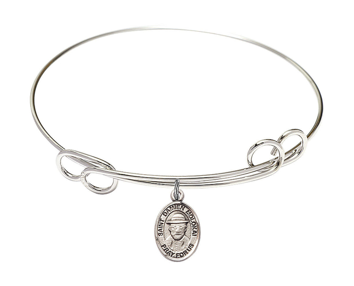 St Damien of Molokai Double Loop Bangle Bracelet - Sterling Silver Charm 9412SS