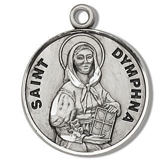 St Dymphna Medal - Sterling Silver - On 18 Stainless Chain - Sterling Silver 7/8 x 3/4 Round Pendant