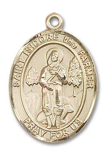 St Isidore The Farmer Medal - 14kt Gold Oval Pendant 3 Sizes