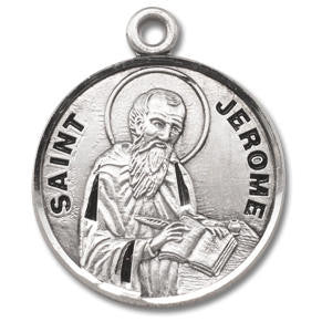 St. Jerome Medal - Sterling Silver - On 20" Stainless Chain - Sterling Silver 7/8" x 3/4" Round Pendant