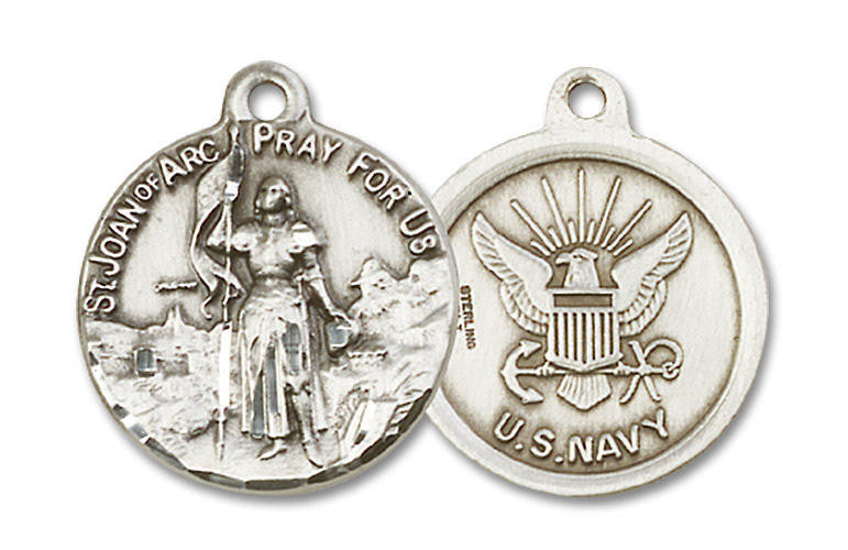 St Joan of Arc Navy Medal - Sterling Silver 7/8 x 3/4 Round Pendant 0193SS6