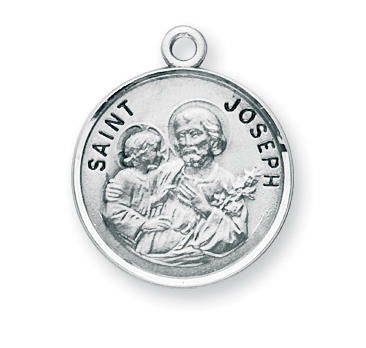 St Joseph Medal - Sterling Silver - On 20 Stainless Chain - Sterling Silver 7/8 x 3/4 Round Pendant