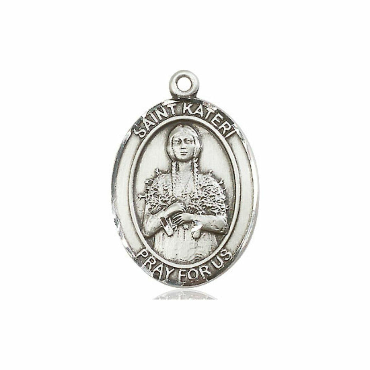 St Kateri Tekakwitha with Flowers Medal - Sterling Silver Oval Pendant 3 Sizes