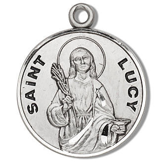 St Lucy Medal - Sterling Silver - On 18 Stainless Chain - Sterling Silver 7/8 x 3/4 Round Pendant