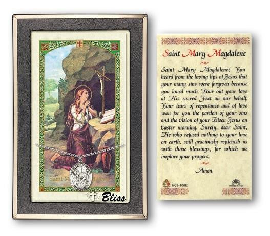 St Mary Magdalene Medal With Prayer Card - Sterling Silver 3/4 x 1/2 Oval Pendant PC8071SS