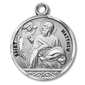 St. Matthew Medal - Sterling Silver - On 20" Stainless Chain - Sterling Silver 7/8" x 3/4" Round Pendant