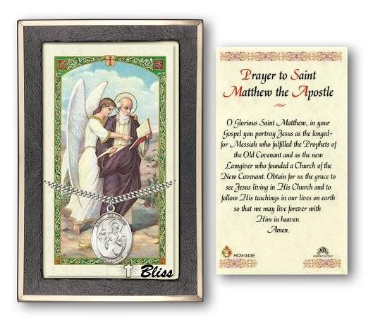 St Matthew The Apostle Medal With Prayer Card - Sterling Silver 1 x 3/4 Oval Pendant PC7074SS