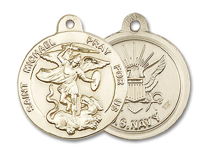 St Michael Navy Medal - 14kt Gold 7/8 x 3/4 Round Pendant 0342