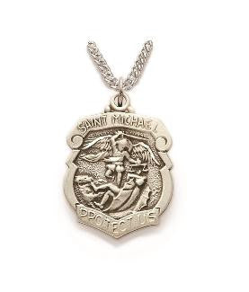 St Michael Police Shield Necklace - Sterling Silver Medal on 20 Stainless Chain SM0537SH