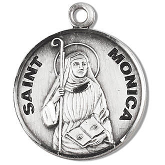 St. Monica Medal - Sterling Silver - On 18" Stainless Chain - Sterling Silver 7/8" x 3/4" Round Pendant