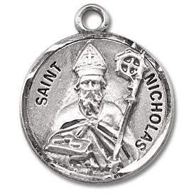 St Nicholas Medal - Sterling Silver - On 20 Stainless Chain - Sterling Silver 7/8 x 3/4 Round Pendant