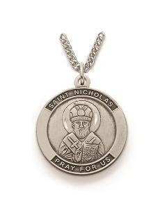 St Nicholas Necklace - Sterling Silver Round Medal On 24 Stainless Chain SM8225SH