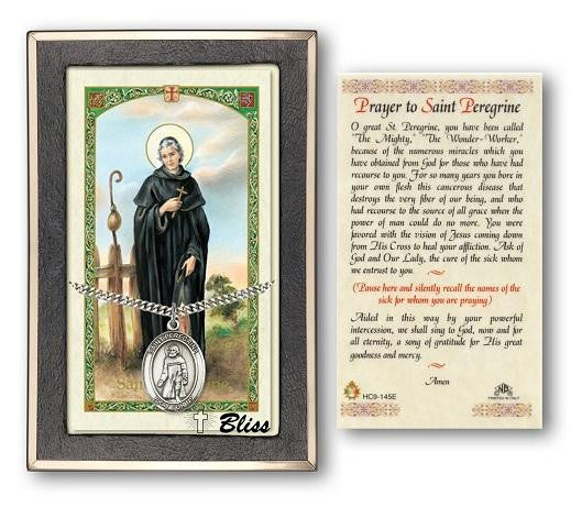 St Peregrine Laziosi Medal On Prayer Card - Sterling Silver 1 x 3/4 Oval Pendant PC7088SS