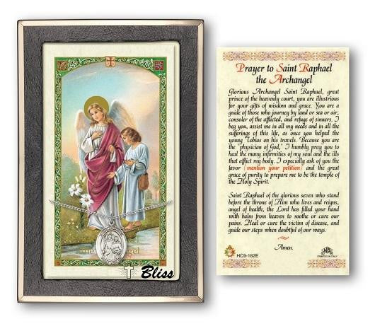 St Raphael The Archangel Medal With Prayer Card - Sterling Silver 3/4 x 1/2 Oval Pendant PC8092SS