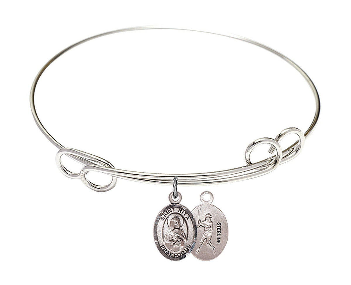 St Rita - Baseball Double Loop Bangle Bracelet - Sterling Silver Charm
