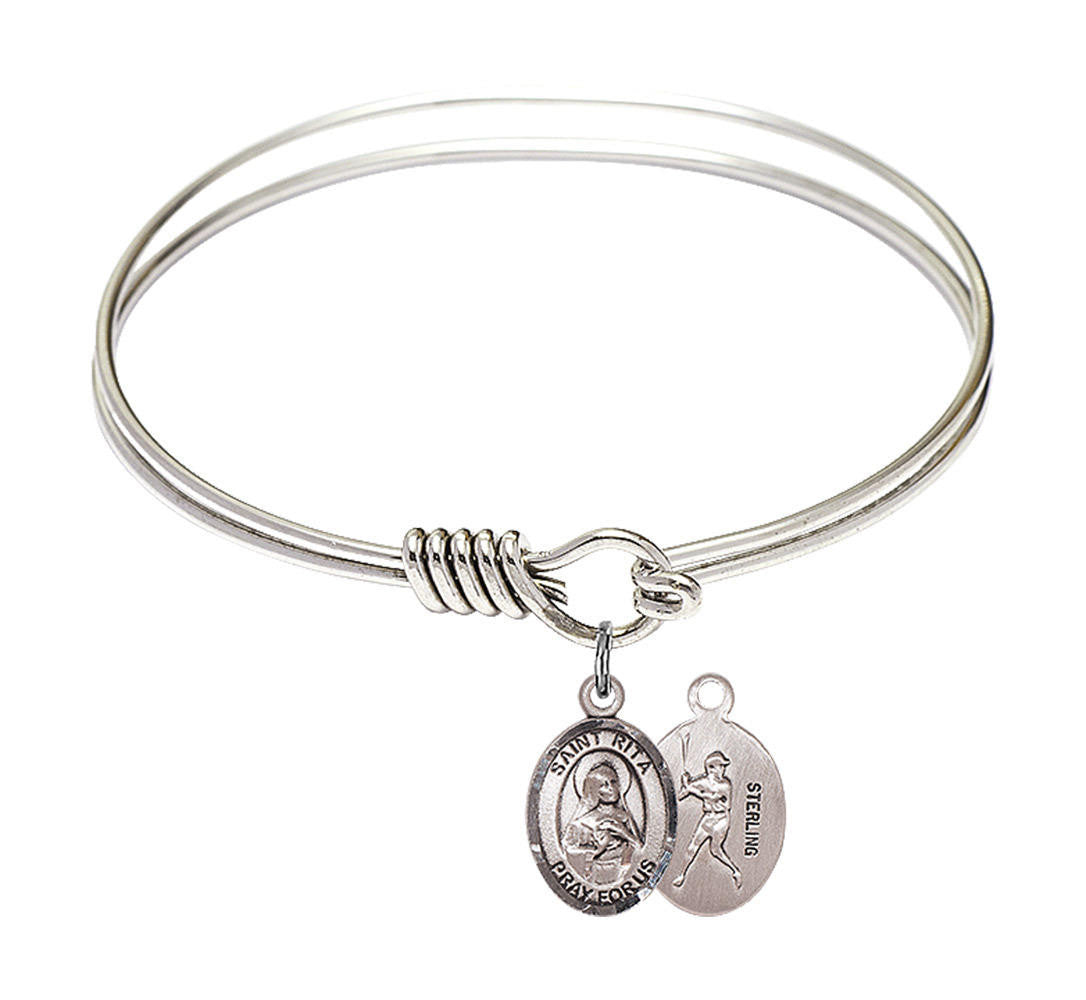 St Rita - Baseball Round Eye Hook Bangle Bracelet - Sterling Silver Charm - 6.25 Inch 9181SS