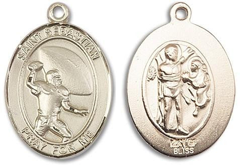 St Sebastian Football Medal - 14kt Gold Oval Pendant 2 Sizes