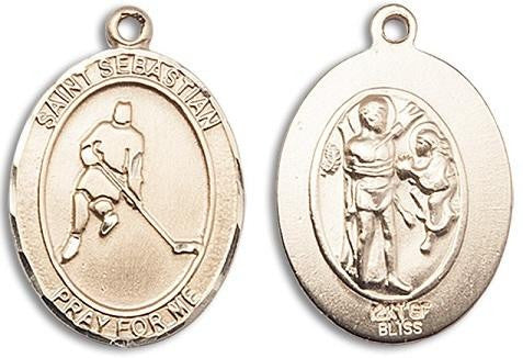 St Sebastian Ice Hockey Medal - 14kt Gold Oval Pendant 3 Sizes