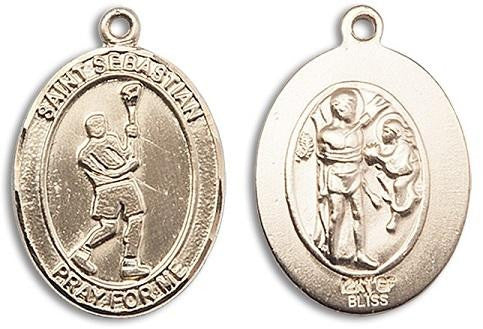 St Sebastian Lacrosse Medal - 14kt Gold Oval Pendant 3 Sizes