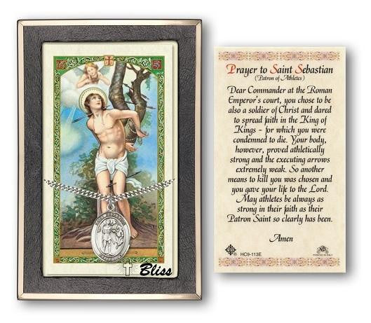 St Sebastian Medal With Prayer Card - Sterling Silver 1 x 3/4 Oval Pendant PC7100SS