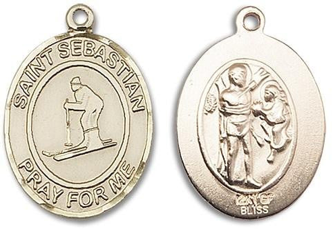 St Sebastian Skiing Medal - 14kt Gold Oval Pendant 3 Sizes