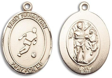 St Sebastian Soccer Medal - 14kt Gold Oval Pendant 3 Sizes