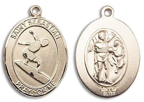 St Sebastian Surfing Medal - 14kt Gold Oval Pendant 3 Sizes