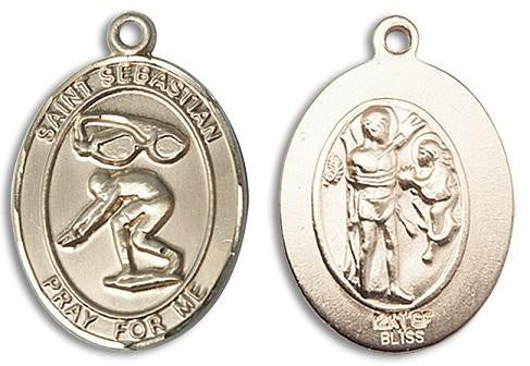 St Sebastian Swimming Medal - 14kt Gold Oval Pendant 2 Sizes