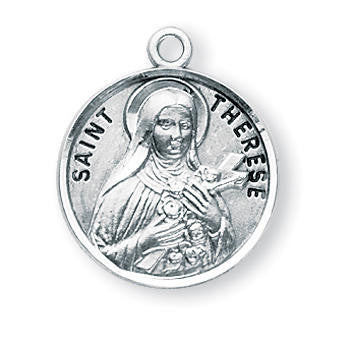 St Therese Medal - Sterling Silver - On 18 Stainless Chain - Sterling Silver 7/8 x 3/4 Round Pendant