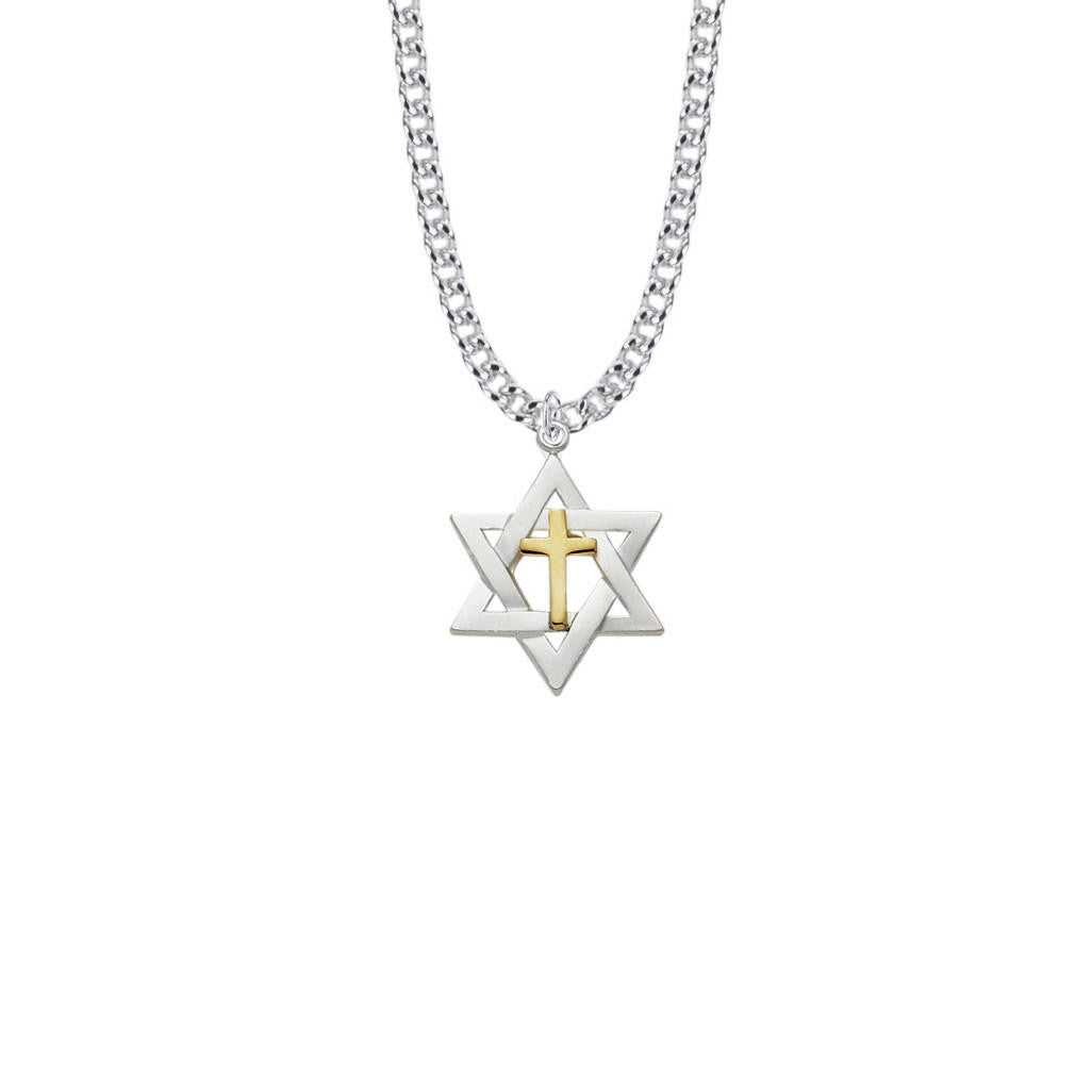Star Of David With Cross Necklace - Sterling Silver Two Tone Pendant On 24 Stainless Chain SM7894SH