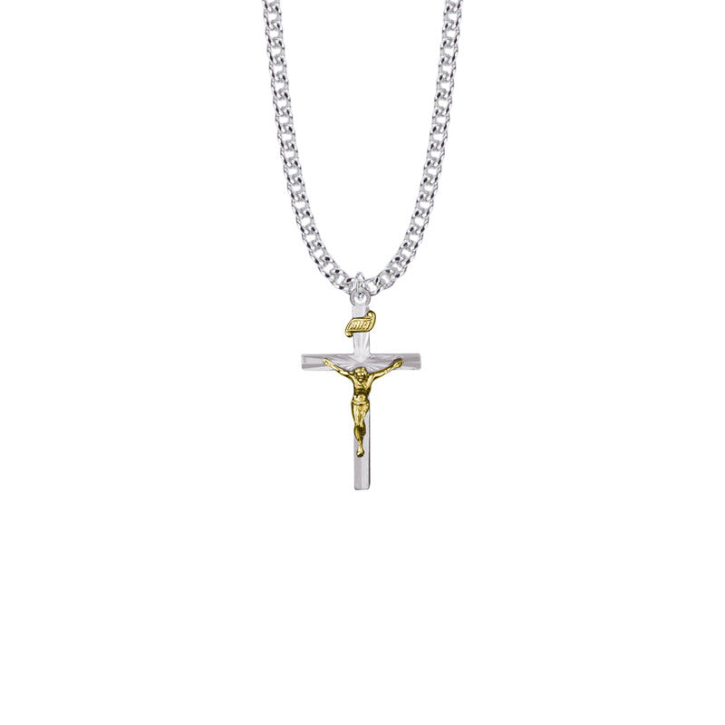 Two-Tone Starburst Sterling Silver Crucifix Necklace with 20" Stainless Steel Chain