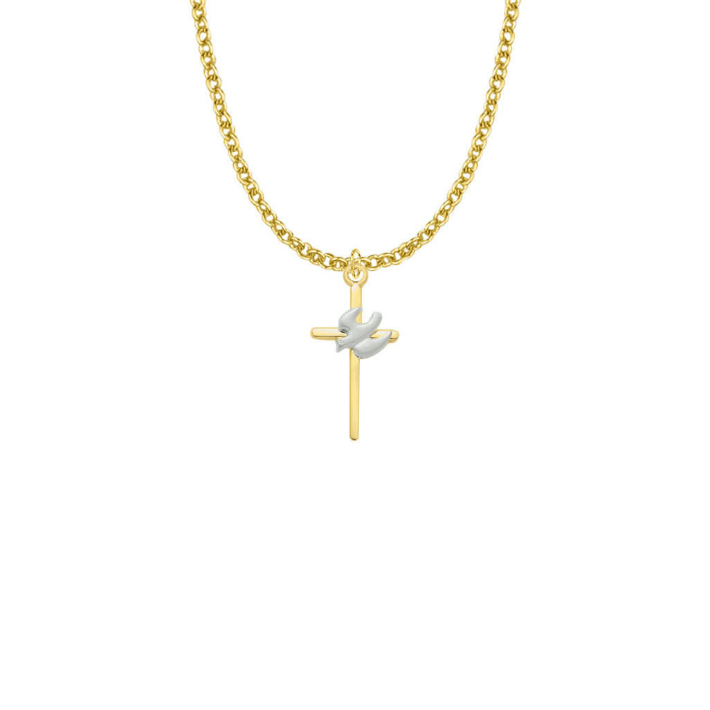 Two-Tone Stick Dove Cross Necklace - Gold-Filled Pendant On 18 Gold-Plated Chain SX7971GH