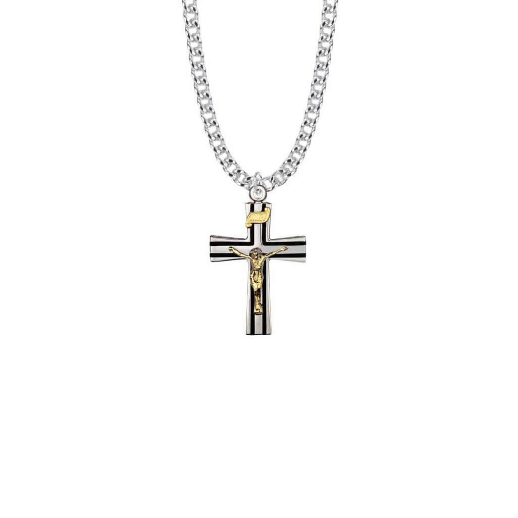 Two-Toned Black Lined Crucifix Necklace - Sterling Silver Pendant On 20 Stainless Steel Chain SX8070SH