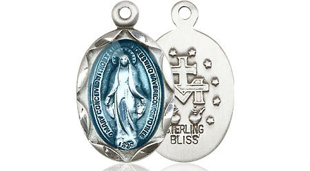 Blue Sterling Silver Miraculous Medal Oval Pendant