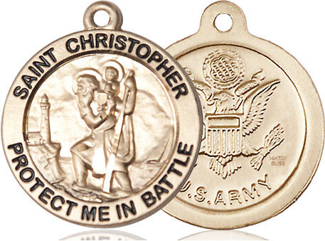 Large St. Christopher Army Medal - 14kt Gold 1" x 7/8" Round Pendant (1174)