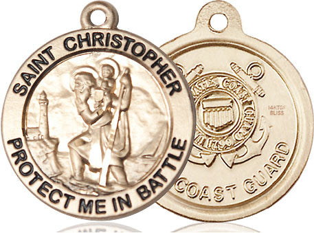 Large St. Christopher Coast Guard Medal - 14kt Gold 1" x 7/8" Round Pendant (1174)
