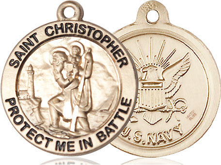 Large St. Christopher Navy Medal - 14kt Gold 1" x 7/8" Round Pendant (1174)