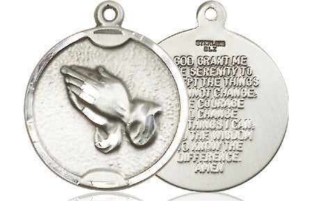Praying Hands Serenity Prayer Medal - Sterling Silver 7/8 x 3/4 Round Pendant 1629SS