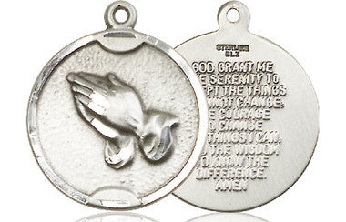 Praying Hands Serenity Prayer Medal - Sterling Silver 7/8" x 3/4" Round Pendant (1629SS)