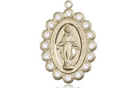 Crystal Bead Encrusted Miraculous Medal - 14kt Gold Oval Pendant (2 Sizes)