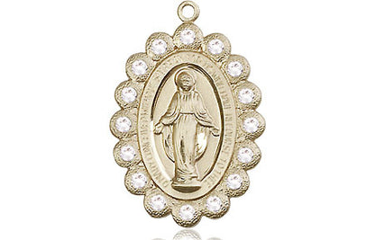 Crystal Bead Encrusted Miraculous Medal - 14kt Gold Oval Pendant (2 Sizes)