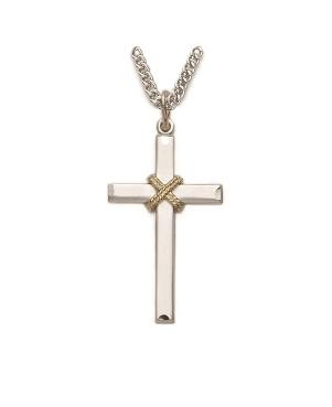 2Tone Cord Center Cross Necklace - Sterling Silver Pendant on 24 Stainless Chain SX7906SH
