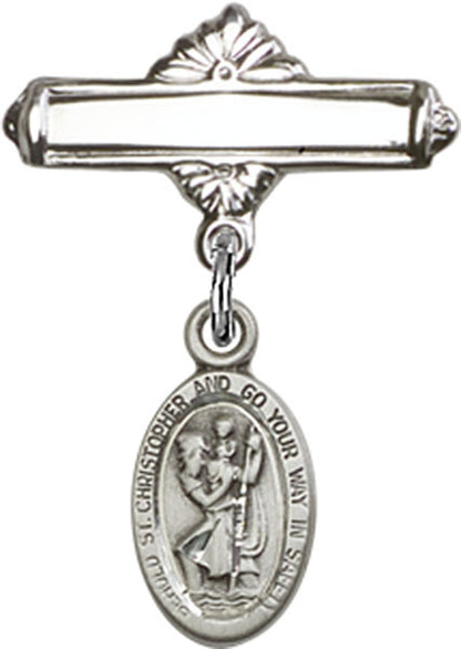 Personalized Baby Badge - Engraved Badge Pin with St. Christopher Charm