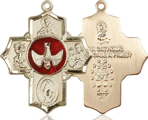 Large Red Inlay 5-Way Confirmation Medal - 14kt Gold 1 1/4" x 1" Pendant
