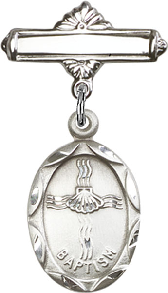 Personalized Baby Badge - Engraved Badge Pin with Oval Baptism Charm