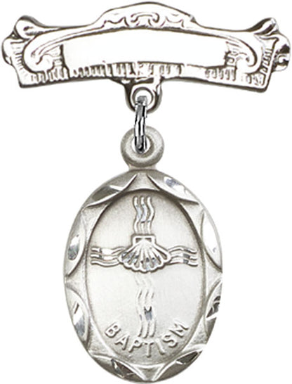 Personalized Baby Badge - Engraved Badge Pin with Oval Baptism Charm