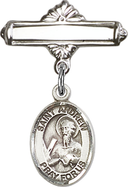 Personalized Baby Badge - Engraved Badge Pin with St. Andrew the Apostle Charm
