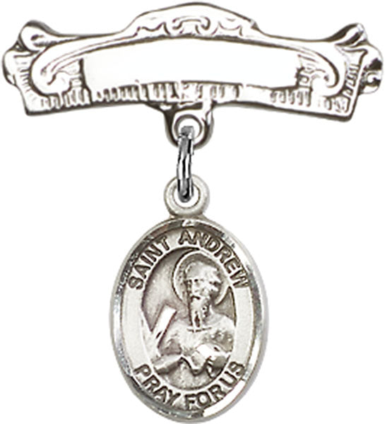 Personalized Baby Badge - Engraved Badge Pin with St. Andrew the Apostle Charm